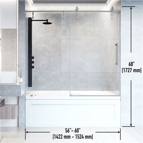 Porte baignoire coulissante Hamilton de VIGO en acier inox et verre transparent 56 x 60 x 78 po