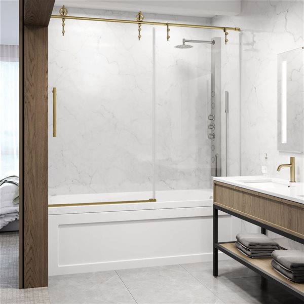 VIGO Hamilton 56 in. to 60 in. W x 78 in. H Sliding Tub Door in Matte Brushed Gold with Clear Glass