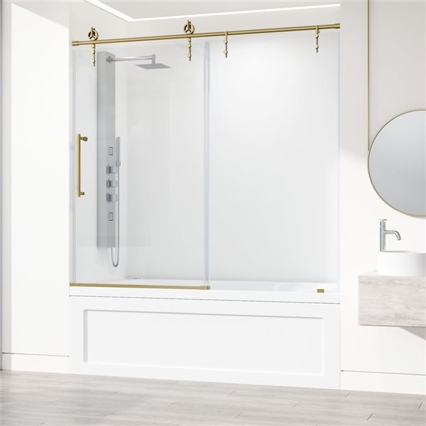 Porte baignoire coulissante Hamilton de VIGO or brossé mat et verre transparent 56 x 60 x 78 po