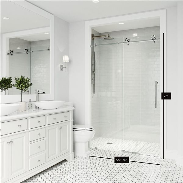 Porte de douche coulissante sans cadre Elan Cass Aerodynamic de VIGO 56 à 60 x 76 po chrome avec verre transparent