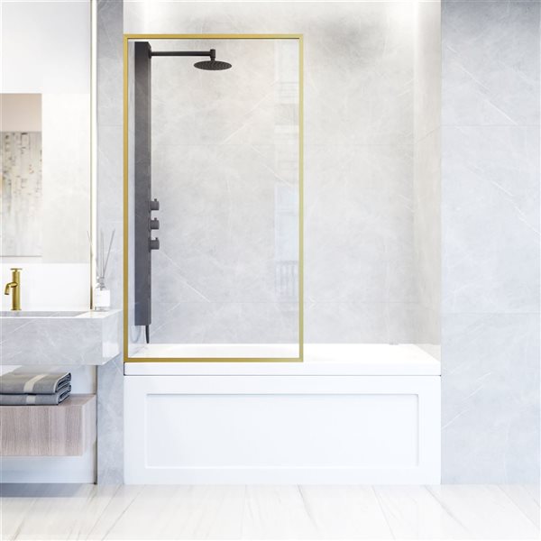 VIGO Meridian 34" x 62" Fixed Frame Tub Screen in Matte Brushed Gold with Clear Glass