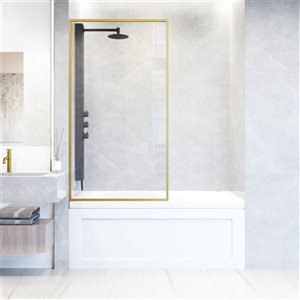 VIGO Meridian 34" x 62" Fixed Frame Tub Screen in Matte Brushed Gold with Clear Glass