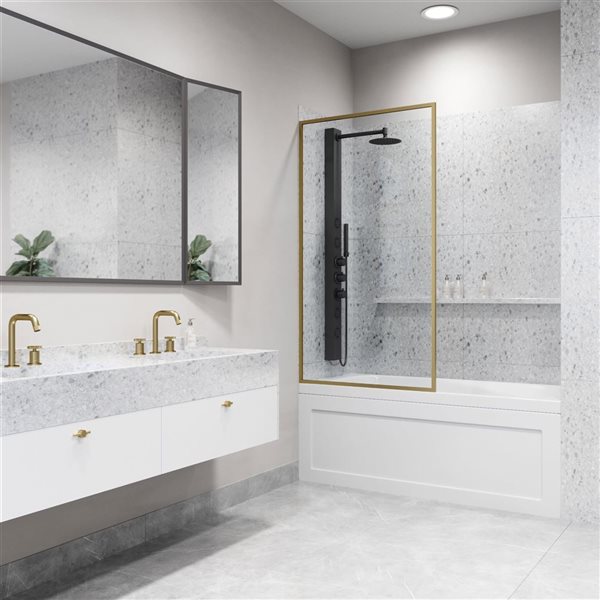 VIGO Meridian 34" x 62" Fixed Frame Tub Screen in Matte Brushed Gold with Clear Glass