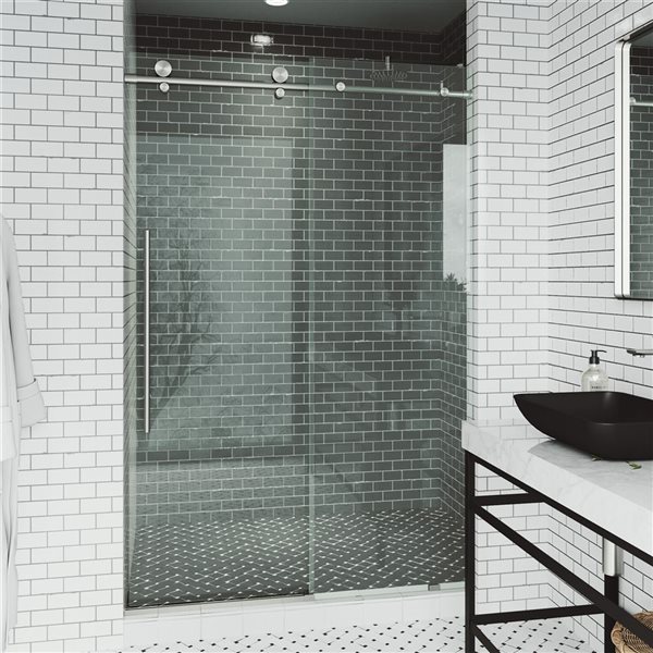 VIGO Elan E-Class 44 to 48 in. W x 76 in. H Frameless Sliding Shower Door in Stainless Steel with Clear Glass and Handle