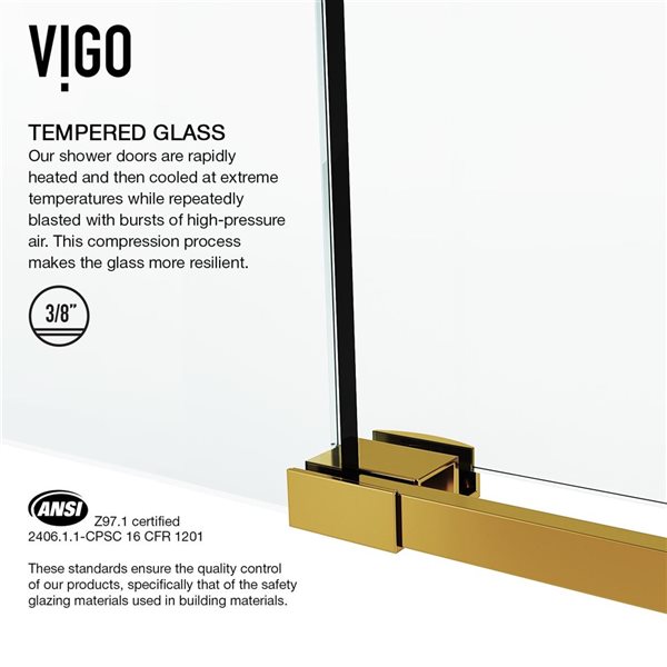 VIGO Elan 48 to 52 in. W x 74 in. H Frameless Sliding Shower Door in Matte Brushed Gold with Clear Glass and Handle