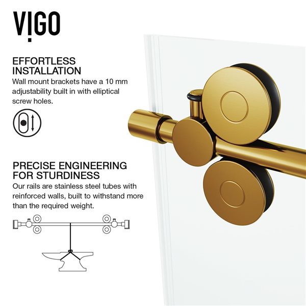 VIGO Elan 48 to 52 in. W x 74 in. H Frameless Sliding Shower Door in Matte Brushed Gold with Clear Glass and Handle