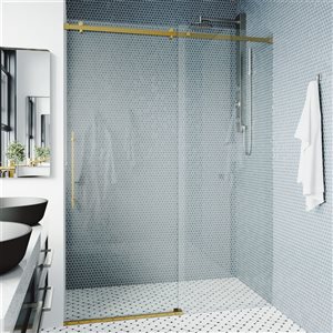 VIGO Luca 56 to 60 in. W x 79 in. H Frameless Sliding Shower Door in Matte Brushed Gold with Clear Glass and Handle