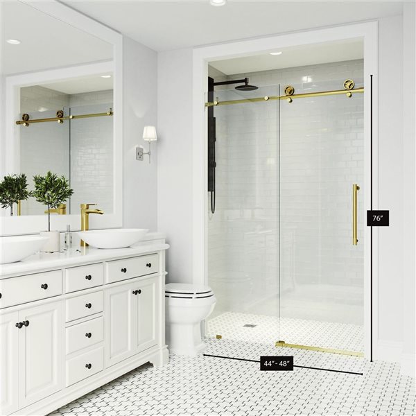 VIGO Elan Cass Aerodynamic 44 to 48 in. W x 76 in. H Frameless Sliding Shower Door in Matte Brushed Gold