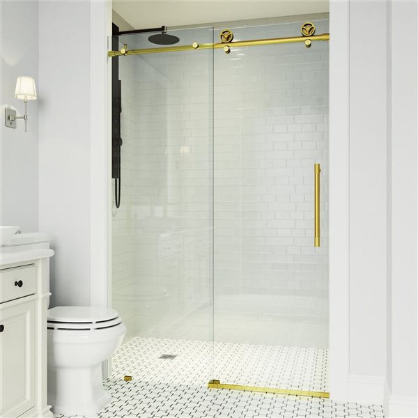 Porte de douche coulissante sans cadre Elan Cass Aerodynamic de VIGO 44 à 48 po x 76 po or brossé mat