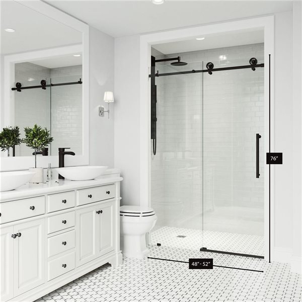 Porte de douche coulissante sans cadre Elan Cass Aerodynamic de VIGO 48 à 52 po x 76 po noir mat avec verre transparent