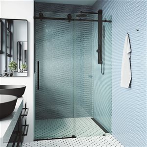 Porte de douche coulissante sans cadre Elan Cass Aerodynamic de VIGO 48 à 52 po x 76 po noir mat avec verre transparent