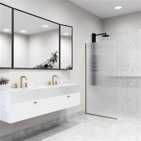 VIGO Zenith 34 in. W x 74 in. H Frameless Fixed Shower Screen in Matte Brushed Gold with Fluted Glass