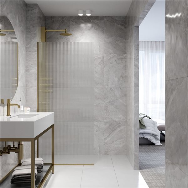 VIGO Zenith 34 in. W x 74 in. H Frameless Fixed Shower Screen in Matte Brushed Gold with Fluted Glass