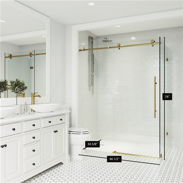 VIGO Elan E-Class 34 in. L x 46 in. W x 76 in. H Frameless Sliding Shower Enclosure in Matte Brushed Gold