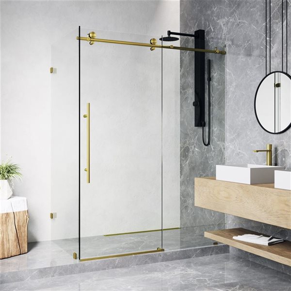 VIGO Elan E-Class 34 in. L x 46 in. W x 76 in. H Frameless Sliding Shower Enclosure in Matte Brushed Gold