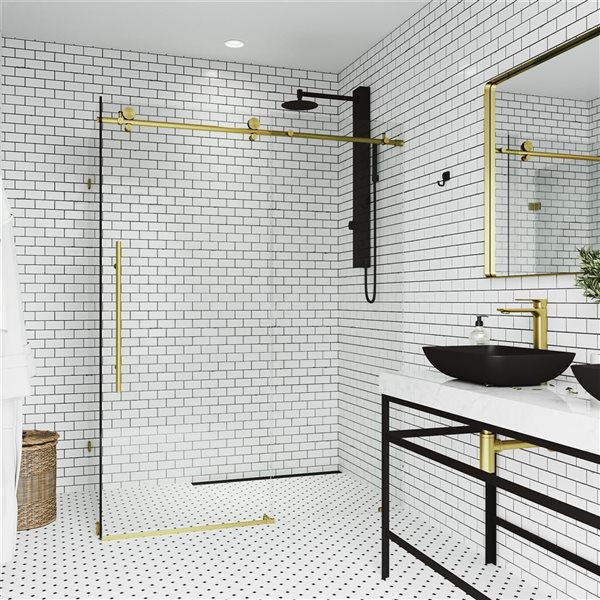 VIGO Elan E-Class 34 in. L x 46 in. W x 76 in. H Frameless Sliding Shower Enclosure in Matte Brushed Gold