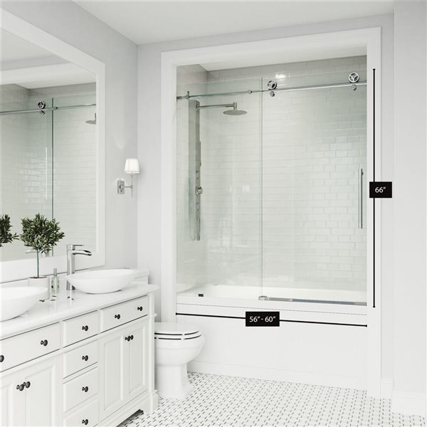 Porte de bain sans cadre et coulissante Cass de VIGO en chrome 60 po x 76 po