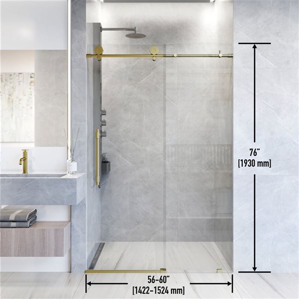 VIGO Elan Hart 56 to 60 in. W x 76 in. H Frameless Sliding Shower Door in Matte Brushed Gold with Clear Glass