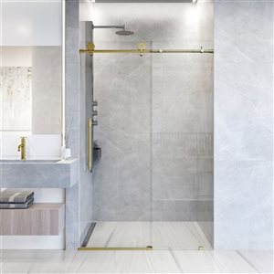 Porte de douche coulissante sans cadre Elan Hart de VIGO 56 à 60 po x 76 po or brossé mat avec verre transparent