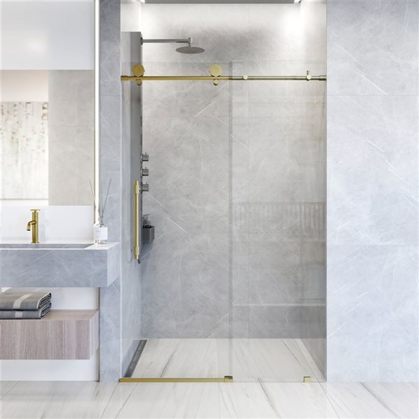 VIGO Elan Hart 56 to 60 in. W x 76 in. H Frameless Sliding Shower Door in Matte Brushed Gold with Clear Glass