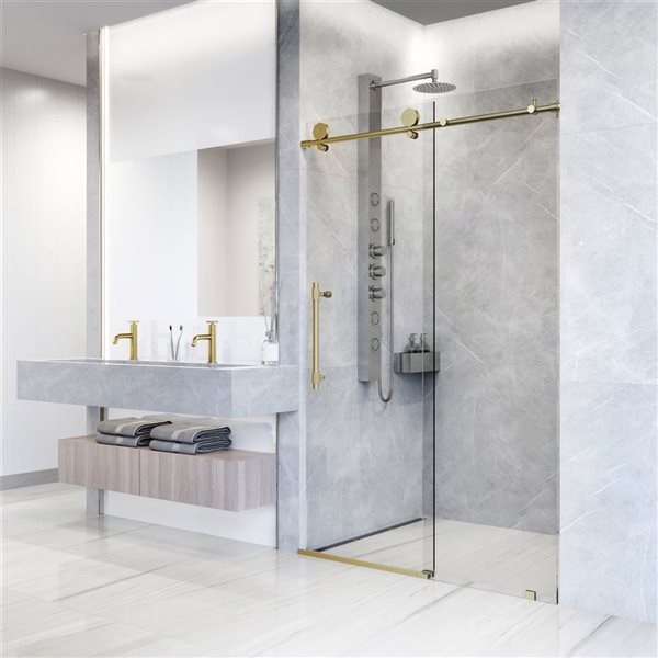 Porte de douche coulissante sans cadre Elan Hart de VIGO 56 à 60 po x 76 po or brossé mat avec verre transparent