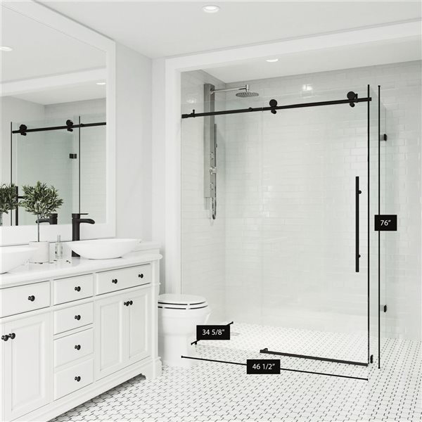 Cabine de douche coulissante sans cadre Elan E-Class de VIGO 34 po x 46 po x 76 po noir mat avec verre transparent