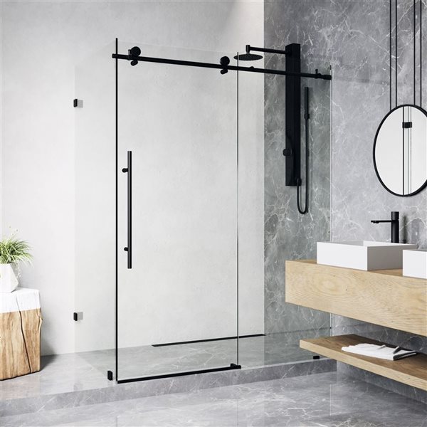 VIGO Elan E-Class 34 in. L x 46 in. W x 76 in. H Frameless Sliding Shower Enclosure in Matte Black with Clear Glass