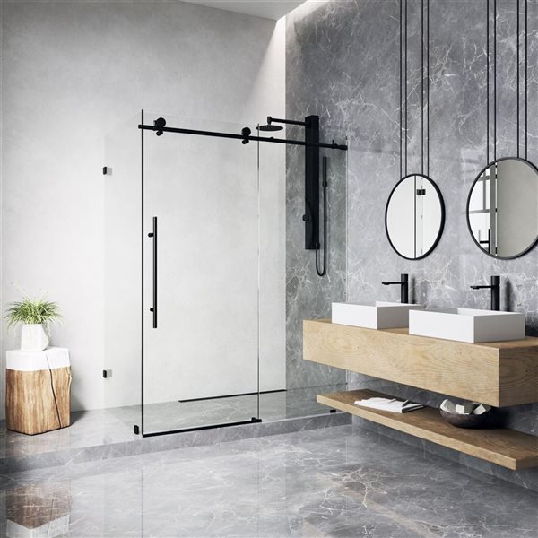 Cabine de douche coulissante sans cadre Elan E-Class de VIGO 34 po x 46 po x 76 po noir mat avec verre transparent