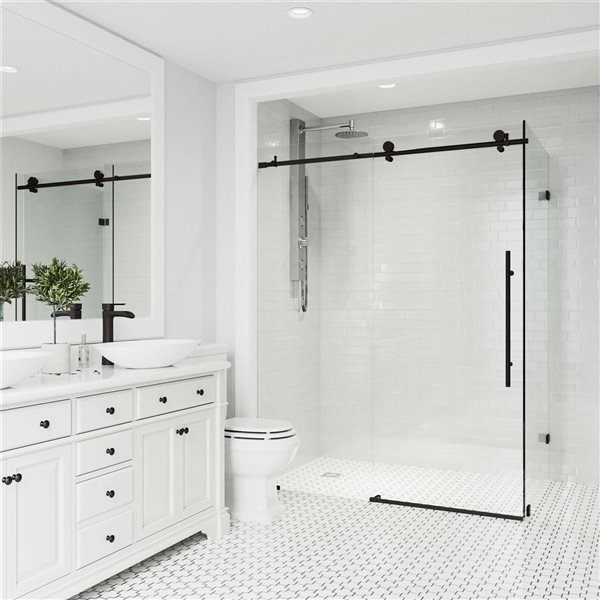 Cabine de douche coulissante sans cadre Elan E-Class de VIGO 34 po x 46 po x 76 po noir mat avec verre transparent