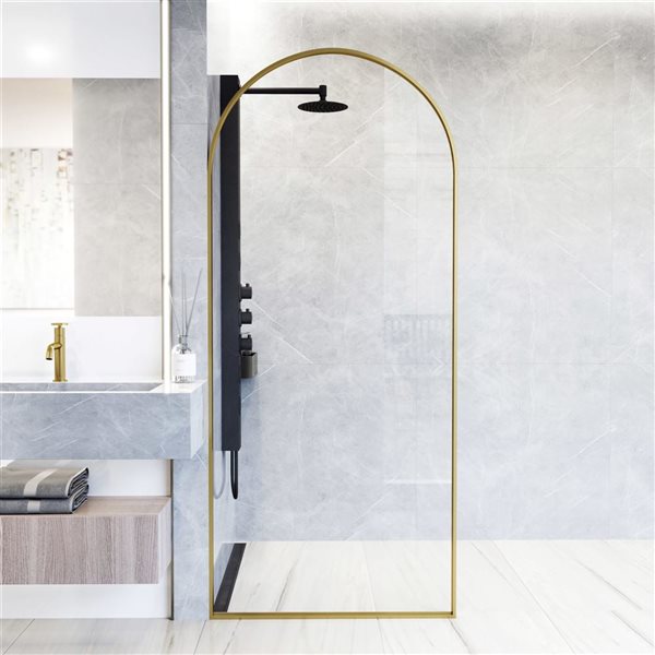 VIGO Arden 34 in. W x 78 in. H Framed Fixed Shower Screen in Matte Brushed Gold with Clear Glass