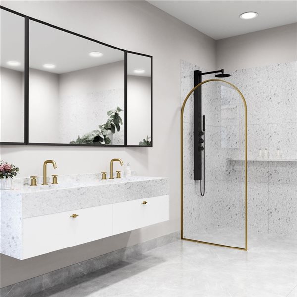 Paroi de douche fixe encadrée Arden de VIGO 34 po x 78 po or brossé mat avec verre transparent