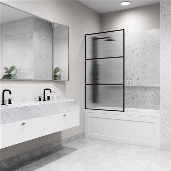 VIGO Divide 34-in W x&nbsp;62-in H Matte Black Framed Fixed Tub Screen with Fluted Glass
