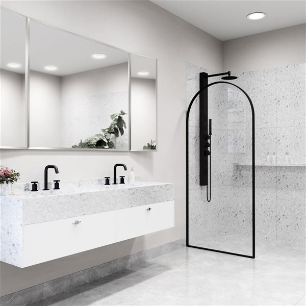 Paroi de douche fixe encadrée Arden de VIGO 34 po x 78 po noir mat avec verre transparent