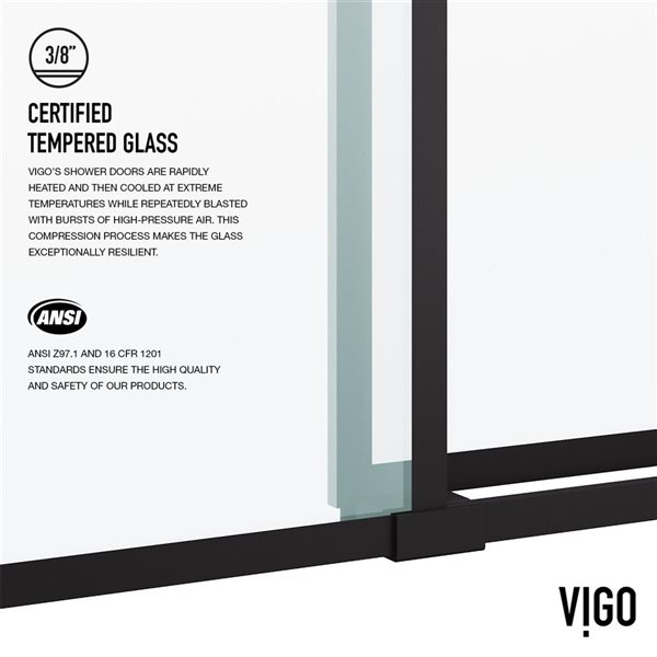 VIGO Elan 56 to 60 in. W x 74 in. H Frameless Sliding Shower Door in Matte Black with Clear Glass and Handle