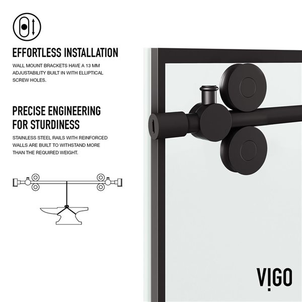 VIGO Elan 56 to 60 in. W x 74 in. H Frameless Sliding Shower Door in Matte Black with Clear Glass and Handle