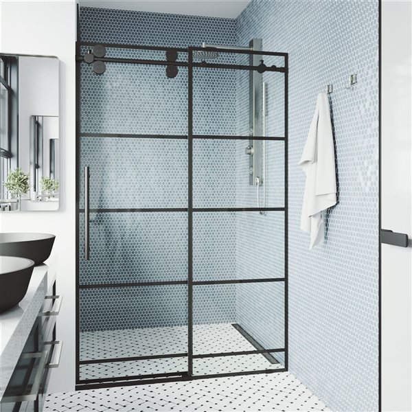 VIGO Elan 64 to 68 in. W x 74 in. H Frameless Sliding Shower Door in Matte Black with Clear Glass and Handle