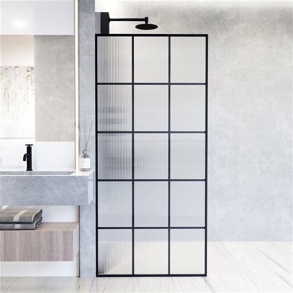 VIGO Mosaic 34 in. W x 74 in. H Framed Fixed Shower Screen in Matte Black with Fluted Glass