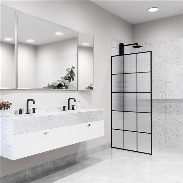 VIGO Mosaic 34 in. W x 74 in. H Framed Fixed Shower Screen in Matte Black with Fluted Glass