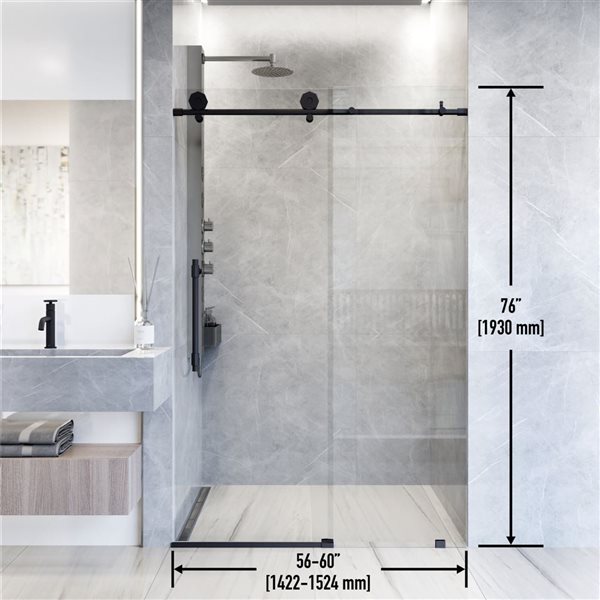 VIGO Elan Hart 56 to 60 in. W x 76 in. H Frameless Sliding Shower Door in Matte Black with Clear Glass and Handle