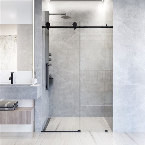 VIGO Elan Hart 56 to 60 in. W x 76 in. H Frameless Sliding Shower Door in Matte Black with Clear Glass and Handle