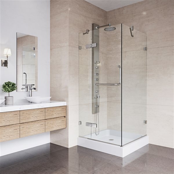 VIGO Monteray&nbsp;32-in D x&nbsp;40-in W x&nbsp;79-in H Frameless Brushed Nickel Hinged Shower Enclosure with Clear Glass and Base