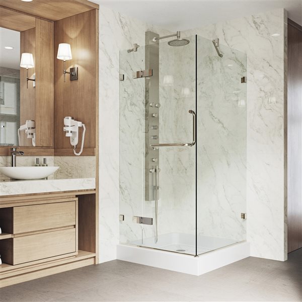 VIGO Monteray&nbsp;32-in D x&nbsp;40-in W x&nbsp;79-in H Frameless Brushed Nickel Hinged Shower Enclosure with Clear Glass and Base