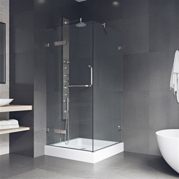VIGO Monteray&nbsp;32-in D x&nbsp;40-in W x&nbsp;79-in H Frameless Brushed Nickel Hinged Shower Enclosure with Clear Glass and Base