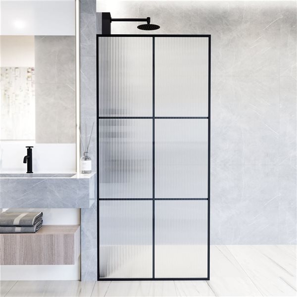 Paroi de douche fixe encadrée Ventana de VIGO 34 po x 74 po en noir mat avec verre cannelé