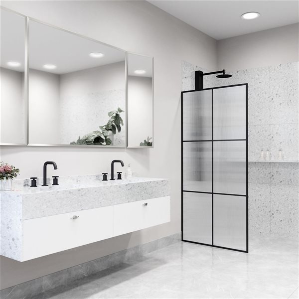 VIGO Ventana 34 in. W x 74 in. H Framed Fixed Shower Screen in Matte Black with Fluted Glass