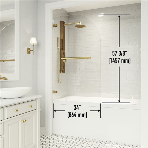 VIGO Orion&nbsp;34-in W x&nbsp;58-in H Frameless Matte Brushed Gold Hinged Tub Door with Clear Glass and Handle