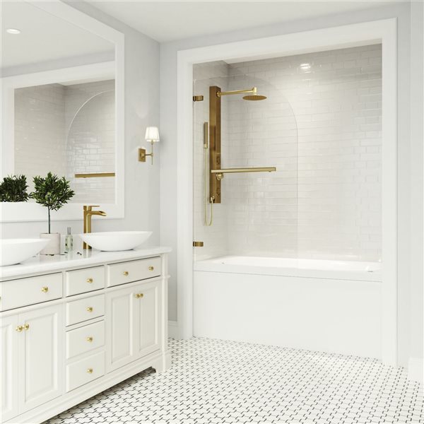 Orion 34-In W X 58-In H Frameless Matte Brushed Gold Hinged Tub Door With Clear Glass And Handle, Stainless Steel