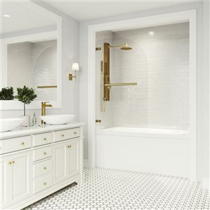 VIGO Orion 34 in. W x 58 in. H Pivot Frameless Tub Door in Matte Brushed Gold with Clear Glass