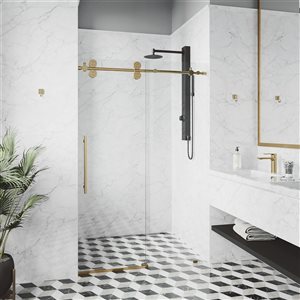 VIGO Elan 44 to 48 in. W x 74 in. H Frameless Sliding Shower Door in Matte Brushed Gold with Clear Glass and Handle