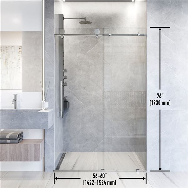 VIGO Elan Hart 56 to 60 in. W x 76 in. H Frameless Sliding Shower Door in Stainless Steel with Clear Glass and Handle